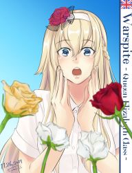 Rule 34 | 1girl, blonde hair, blue background, blue eyes, braid, character name, commentary request, dress, flower, french braid, hairband, hands on own face, kantai collection, long hair, open mouth, red flower, red rose, rose, sei masami, short sleeves, solo, surprised, warspite (kancolle), white dress, white flower, white hairband, white rose, yellow flower, yellow rose