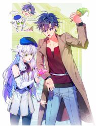 1boy 1girl ahdqkd_112 altina_orion beret coat detached_sleeves double-parted_bangs dress eiyuu_densetsu food green_eyes hair_between_eyes hat highres holding holding_food holding_ice_cream ice_cream ice_cream_cone kai_no_kiseki kuro_no_kiseki_(series) long_hair low-tied_sidelocks melting_ice_cream open_clothes open_coat open_mouth pantyhose purple_eyes rean_schwarzer short_hair sidelocks smile sweatdrop thighhighs