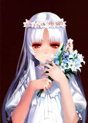 Rule 34 | 1girl, absurdres, albino, alphonse (white datura), bouquet, dress, el (sound horizon), elysion, flower, head wreath, highres, huge filesize, light smile, long hair, non-web source, parted bangs, puffy sleeves, red eyes, scan, simple background, solo, sound horizon, upper body, white dress, white hair