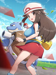 Rule 34 | 1girl, :o, absurdres, ass, bag, black wristband, blastoise, blue shirt, blue sky, blush, breasts, brown eyes, brown hair, creature, creatures (company), from behind, game freak, gen 1 pokemon, gonzarez, hat, highres, holding, holding poke ball, large breasts, leaf (pokemon), long hair, looking at viewer, looking back, nintendo, open mouth, poke ball, poke ball (basic), pokemon, pokemon (creature), pokemon frlg, red skirt, shirt, skirt, sky, sleeveless, sleeveless shirt, white headwear, wristband, yellow bag