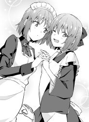 Rule 34 | 2girls, ;d, absurdres, apron, azami masurao, closed mouth, greyscale, highres, hisui (tsukihime), holding hands, kohaku (tsukihime), looking at another, maid, maid headdress, monochrome, multiple girls, one eye closed, open mouth, short hair, siblings, sisters, smile, standing, tsukihime