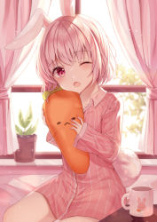 Rule 34 | 1girl, :&lt;, ;o, animal ears, animal print, blush, carrot, collarbone, cup, day, dress, fang, hair between eyes, head tilt, highres, indoors, looking at viewer, mug, nail polish, one eye closed, original, pink curtains, pink dress, pink eyes, pink hair, pink nails, plant, potted plant, rabbit ears, rabbit girl, rabbit print, rabbit tail, seiza, short hair, sitting, sleeves past wrists, solo, striped, stuffed toy, tail, tess (88884), vertical stripes, window
