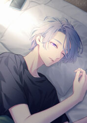 Rule 34 | 1boy, black shirt, cellphone, charger, curtained hair, genzuki toujirou, highres, ichi-be, looking at viewer, lying, male focus, nijisanji, on bed, on side, one eye closed, parted bangs, parted lips, phone, pillow, purple eyes, purple hair, shirt, short hair, smartphone, solo, sunlight, t-shirt, under covers, upper body, virtual youtuber, waking up