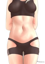 Rule 34 | 1girl, absurdres, arknights, arms behind back, bare arms, bare shoulders, bike shorts, black shirt, black shorts, breasts, commentary request, cowboy shot, crop top, grani (arknights), groin, head out of frame, highres, hinanawi mika, hip vent, medium breasts, midriff, navel, shirt, short shorts, shorts, simple background, sleeveless, sleeveless shirt, solo, standing, stomach, thighs, white background
