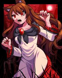 Rule 34 | 1girl, 1jumangoku, animal ears, breasts, brooch, brown hair, collarbone, commentary request, dress, frilled sleeves, frills, full moon, imaizumi kagerou, jewelry, long hair, medium breasts, moon, open mouth, outdoors, red brooch, red eyes, red nails, red sky, roaring, sky, solo, touhou, white dress, wolf ears, wolf girl