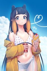 Rule 34 | 1girl, absurdres, adapted costume, animal ears, bikini, black hair, blue coat, blue eyes, blue sky, blunt bangs, can, coat, commentary, crepe, english commentary, flat chest, food, gradient hair, highres, holding, holding can, holding food, hololive, hololive english, ice cream crepe, kuroqueta, long hair, looking at viewer, midriff, mole, mole under eye, multicolored hair, navel, ninomae ina&#039;nis, o-ring, o-ring bikini, o-ring bottom, orange hair, pointy ears, raincoat, sarong, see-through sarong, sidelocks, signature, sky, solo, stomach, straight hair, swimsuit, tentacle hair, twitter username, two-sided coat, two-sided fabric, very long hair, violet (ninomae ina&#039;nis), virtual youtuber, white background, yellow coat
