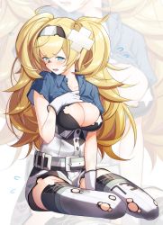 Rule 34 | 1girl, blonde hair, blue eyes, blue shirt, breast pocket, breasts, cleavage, commentary request, full body, gambier bay (kancolle), gloves, hair between eyes, highres, kantai collection, kinsenka momi, large breasts, long hair, looking at viewer, multicolored clothes, multicolored shorts, open mouth, pocket, shirt, shorts, sitting, solo, thighhighs, twintails, white gloves, white thighhighs, yokozuwari, zoom layer
