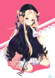Rule 34 | 1girl, abigail williams (fate), black bow, black dress, black hat, blonde hair, bloomers, blue eyes, blush, bow, bug, butterfly, closed mouth, commentary request, dress, fate/grand order, fate (series), hair bow, hands in opposite sleeves, hat, head tilt, heart, heart-shaped pupils, highres, insect, long hair, long sleeves, looking at viewer, orange bow, parted bangs, peng yong, polka dot, polka dot bow, signature, sitting, solo, stuffed animal, stuffed toy, symbol-shaped pupils, teddy bear, underwear, v-shaped eyebrows, very long hair, wariza, white bloomers