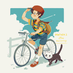Rule 34 | 1boy, baseball cap, bicycle, black hair, blue shorts, blush stickers, brown bag, cat, contrail, hat, highres, looking afar, male focus, mother (game), mother 2, ness (mother 2), nintendo, outdoors, red footwear, red hat, riding, riding bicycle, shifumame, shirt, shoes, short hair, short sleeves, shorts, sneakers, socks, solo, striped clothes, striped shirt, whiskers, white socks