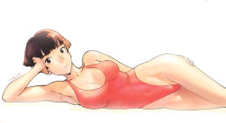 Rule 34 | 1girl, armpits, blunt bangs, bob cut, breasts, brown eyes, brown hair, closed mouth, gake no ue no ponyo, groin, highleg, highres, lisa (ponyo), looking at viewer, lying, one-piece swimsuit, red one-piece swimsuit, short hair, simple background, solo, studio ghibli, swimsuit, tombiiwa, white background