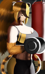 Rule 34 | 1girl, abs, absurdres, animal ears, blonde hair, breasts, crop top, dark skin, dumbbell, facial mark, fur, highres, large breasts, multicolored hair, muscular, muscular female, ponytail, punching bag, sweat, tail, tiger, tiger tail, two-tone hair