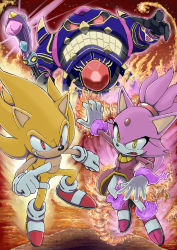 Rule 34 | 1boy, 1girl, absurdres, animal ears, aura, blaze the cat, burning blaze, cat ears, fang, fire, furry, furry female, furry male, gloves, grin, hedgehog ears, highres, long sleeves, nenikat, pointing, red eyes, shoes, smile, sneakers, sonic (series), sonic rush adventure, sonic the hedgehog, super sonic, white gloves, yellow eyes