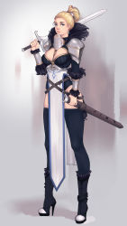 Rule 34 | 1girl, armband, armor, belt, between breasts, black footwear, black leotard, black thighhighs, blonde hair, blue eyes, boots, breasts, cleavage, cleavage cutout, clothing cutout, dulapda, earrings, feather collar, feathers, hair ornament, high heel boots, high heels, high ponytail, highres, holding, holding sword, holding weapon, jewelry, knight, large breasts, leotard, looking at viewer, loose belt, medium hair, original, pelvic curtain, sheath, shoulder armor, solo, sword, thighhighs, weapon