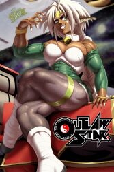 Rule 34 | 1girl, absurdres, aisha clanclan, animal ears, bare shoulders, bell, blonde hair, braid, breasts, cat ears, circlet, crossed arms, dark-skinned female, dark skin, dress, fingernails, green dress, green eyes, grin, highres, jingle bell, large breasts, leggings, long hair, muscular, muscular arms, muscular female, muscular legs, neck bell, outlaw star, pltnm ghost, sharp fingernails, single braid, sitting, smile, solo, thick thighs, thighs