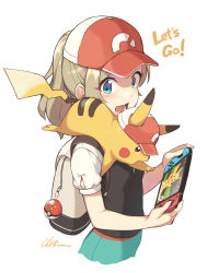 Rule 34 | 1girl, :d, absurdres, backpack, bag, baseball cap, blonde hair, blue eyes, cloba, commentary, creatures (company), cropped legs, ears through headwear, english text, eyes visible through hair, game freak, gen 1 pokemon, handheld game console, hat, highres, long hair, nintendo, nintendo switch, on shoulder, open mouth, pikachu, poke ball, poke ball (basic), pokemon, pokemon (creature), pokemon lgpe, ponytail, puffy short sleeves, puffy sleeves, short sleeves, signature, simple background, smile, upper body, white background