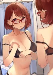 Rule 34 | 1girl, 92m, :o, absurdres, ahoge, bare arms, bare shoulders, bikini tan, black bra, black panties, blush, bra, breasts, brown hair, cleavage, collarbone, commentary request, glasses, highres, indoors, kinshi no ane (92m), large breasts, mirror, navel, open mouth, original, panties, red-framed eyewear, red eyes, reflection, short hair, solo, stomach, strap slip, swept bangs, tan, tanline, underwear, underwear only