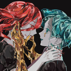 Rule 34 | 2others, androgynous, black background, cinnabar (houseki no kuni), colored eyelashes, commentary request, cracked skin, crying, crying with eyes open, crystal hair, gem uniform (houseki no kuni), golden arms, green eyes, green hair, highres, houseki no kuni, long bangs, long hair, mercury (element), molten metal, multiple others, nail polish, peanutss31, phosphophyllite, red eyes, red hair, red nails, short hair, smile, strangling, tears