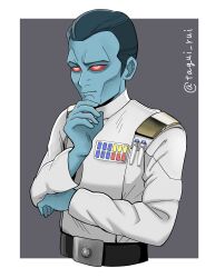 Rule 34 | 1boy, absurdres, alien, animification, belt, blue hair, blue skin, colored skin, commentary request, galactic empire, grand admiral thrawn, grey background, hand on own chin, highres, king, military uniform, red eyes, science fiction, signature, spoilers, star wars, star wars: ahsoka, star wars: rebels, uniform, upper body, user rhkk8755