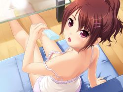 Rule 34 | 1girl, arm support, bare legs, bare shoulders, barefoot, breasts, brown hair, camisole, chemise, downblouse, food, frills, game cg, hair ornament, hairclip, looking at viewer, looking back, mebae (game), nipple slip, nipples, no bra, nonohara miki, open mouth, popsicle, red eyes, sakura anna, short ponytail, small breasts, solo, strap slip, tongue