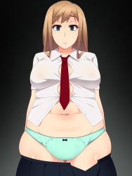 Rule 34 | 1girl, aqua panties, belly, breasts, brown hair, bursting breasts, clothes pull, commentary request, cowboy shot, empty eyes, fat, grey eyes, hayashi custom, highres, large breasts, looking at viewer, navel, necktie, original, panties, pleated skirt, plump, sachiko (hayashi custom), shirt, skirt, skirt pull, solo, straining buttons, undersized clothes, underwear