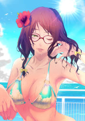 Rule 34 | 1girl, animal, armpits, bikini, bird, blue sky, bow, breasts, cleavage, collarbone, day, dripping, eyebrows, flower, glasses, green eyes, hair bow, hair flower, hair ornament, hand in own hair, hibiscus, large breasts, long hair, looking at viewer, nail polish, o-ring, o-ring bikini, ocean, okazuwa shake, original, outdoors, parted lips, railing, red-framed eyewear, red flower, seagull, sky, sky print, solo, sun, swept bangs, swimsuit, upper body, wet, wet hair, wings, yellow bow