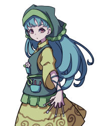 Rule 34 | 1girl, absurdres, apron, between fingers, blue hair, closed mouth, cowboy shot, dress, eyebrows hidden by hair, flower, from side, green apron, green headwear, haniyasushin keiki, head scarf, highres, holding, juliet sleeves, kame (kamepan44231), long hair, long sleeves, looking at viewer, one-hour drawing challenge, pink eyes, pink flower, pocket, puffy sleeves, simple background, solo, standing, touhou, white background, wood carving tool, yellow dress