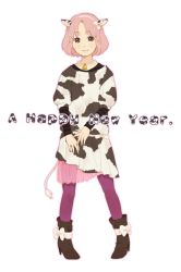 Rule 34 | 1girl, animal costume, bad id, bad pixiv id, bell, cow costume, horns, looking at viewer, mosuko, pantyhose, pink hair, red eyes, short hair, simple background, solo, white background