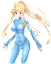 Rule 34 | 1girl, bad id, bad pixiv id, blonde hair, blue eyes, bodysuit, breasts, highres, large breasts, latex, long hair, metroid, nintendo, paopao, ponytail, samus aran, shiny clothes, skin tight, solo, thigh gap, thighs, turtleneck, zero suit