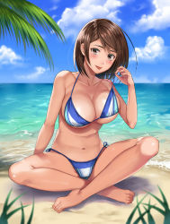 Rule 34 | 1girl, barefoot, beach, bikini, blue bikini, blue sky, blush, breasts, brown eyes, brown hair, cleavage, cloud, collarbone, day, feet, full body, halterneck, halterneck, horizon, indian style, large breasts, looking at viewer, navel, ocean, original, outdoors, pulled by self, sakichi6891, sand, short hair, side-tie bikini bottom, sitting, sky, smile, solo, stomach, strap pull, swimsuit, tongue, tongue out