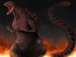 Rule 34 | 2345hello, burning, claws, commentary request, destruction, fire, giant, giant monster, godzilla, godzilla (series), godzilla (shin), highres, kaijuu, monster, no humans, open mouth, realistic, science fiction, sharp teeth, shin godzilla, standing, tail, teeth