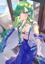 1girl, absurdres, artist name, blue skirt, blurry, blush, bra, breasts, cleavage, commentary, commission, day, depth of field, detached sleeves, frilled bra, frills, frog hair ornament, green eyes, green hair, green nails, hair ornament, hair tubes, highres, hinasumire, huge filesize, kochiya sanae, long hair, long skirt, looking at viewer, medium breasts, midriff, nail polish, off shoulder, open clothes, open mouth, open shirt, outdoors, porch, shirt, signature, skeb commission, skirt, sliding doors, snake hair ornament, solo, straight hair, touhou, underwear, wet, wet hair, white bra, white shirt