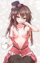 Rule 34 | 1girl, black pantyhose, borrowed character, bow, breasts, brown hair, cafe-chan to break time, cafe (cafe-chan to break time), coffee, coffee cup, cream, cup, disposable cup, hat, hat bow, holding, holding cup, long hair, looking at viewer, medium breasts, mini hat, navel, naz (garyuuya), nipples, no bra, pantyhose, pink bow, pink skirt, sitting, skirt, smile, solo, star (symbol), suggestive fluid, tongue, tongue out, yellow eyes