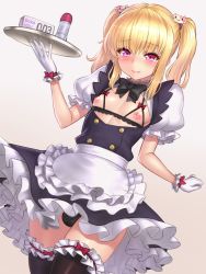 Rule 34 | 1boy, artificial vagina, bad id, bad pixiv id, black panties, black thighhighs, blonde hair, blush, bottle, bow, bulge, condom box, frilled thighhighs, frills, gloves, gradient background, hair ornament, holding, lotion bottle, maid, male focus, md5 mismatch, nipples, no bra, open clothes, open shirt, original, panties, pink eyes, sex toy, shirt, sidelocks, skirt, solo, thighhighs, trap, tray, twintails, underwear, white gloves, yapo (croquis side), zettai ryouiki