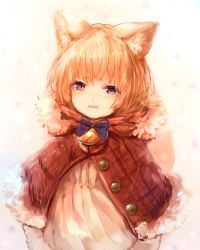 Rule 34 | 1girl, animal ears, bad id, bad pixiv id, bell, blonde hair, blue bow, blue bowtie, blush, bow, bowtie, buttons, capelet, cat ears, child, dress, fur trim, highres, jingle bell, looking at viewer, original, parted lips, purple eyes, sad, short hair, solo, sukemyon, tearing up, upper body, white dress