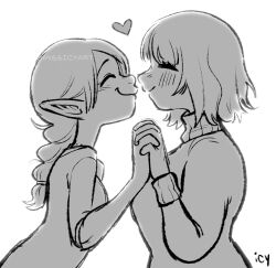 Rule 34 | 2girls, ^ ^, absurdres, braid, closed eyes, commentary, couple, dungeon meshi, elf, english commentary, falin touden, from side, greyscale, happy, heart, highres, interlocked fingers, iseenudepeople, light blush, long hair, marcille donato, medium hair, monochrome, multiple girls, pointy ears, signature, single braid, sleeves rolled up, smile, sweater, turtleneck, turtleneck sweater, twitter username, upper body, white background, yuri