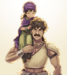 Rule 34 | 2boys, anbe yoshirou, black hair, bracelet, cape, child, closed eyes, dragon quest, dragon quest v, father&#039;s day, father and son, happy, hero (dq5), highres, jewelry, long hair, low ponytail, multiple boys, necklace, papas, ponytail, purple cape, smile, tooth necklace, turban