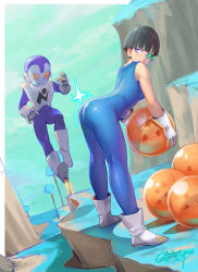 Rule 34 | 1boy, 1girl, 2016, absurdres, alien, armor, ass, bare shoulders, bent over, black hair, blue bodysuit, blue eyes, blue skin, blunt bangs, blush, bodysuit, boots, breastplate, cliff, closed mouth, cloud, colored skin, dated, day, dragon ball, dragon ball (object), dragon ball xenoverse, dutch angle, embarrassed, emblem, floating, from side, full body, gloves, gorgeous mushroom, grass, green-tinted eyewear, hand up, highres, holding, jaco (ginga patrol jaco), kneepits, legs apart, looking at another, md5 mismatch, no pupils, outdoors, rocket boots, saiyan, scouter, seripa, short hair, signature, sketch, skin tight, sky, star (symbol), star print, tinted eyewear, transparent, tree, unitard, wavy mouth, white footwear, white gloves, yellow eyes