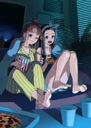 Rule 34 | 1girl, bare legs, barefoot, black hair, blue nails, blue shorts, brown hair, bucket, commentary request, feet, food, green nails, highres, holding, holding food, holding pizza, knees up, long hair, medium hair, mirror, nail polish, nashigaya koyomi, one eye closed, open mouth, original, pajamas, pepperoni, pizza, popcorn, shadow, shorts, solo, striped clothes, striped pajamas, toenail polish, toenails, toes, topknot, window blinds, yellow pajamas