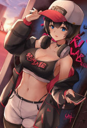 Rule 34 | 1girl, absurdres, alternate costume, bare shoulders, baseball cap, black choker, black hair, black jacket, black pantyhose, black shirt, blue eyes, breasts, casual, cellphone, cellphone charm, charm (object), choker, cleavage, clothes writing, copyright name, crop top, dated, graffiti, hand on headwear, hat, headphones, headphones around neck, highres, holding, holding phone, jacket, large breasts, looking at viewer, midriff, navel, off shoulder, okabe rintarou, panty straps, pantyhose, parted lips, phone, print headwear, print shirt, shiina mayuri, shirt, short hair, short shorts, shorts, signature, sleeveless, sleeveless shirt, smartphone, solo, sports bra, steins;gate, stomach, sunset, thong, two-sided fabric, two-sided jacket, unique (pixiv12704744), upa (steins;gate), white shorts