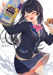 Rule 34 | 1girl, black hair, black jacket, black skirt, blush, bow, bowtie, braid, breasts, can, censored, character name, closed eyes, collared shirt, cowboy shot, dated, dress shirt, food, french braid, hair ornament, hairclip, happy birthday, highres, holding, holding can, holding food, itohana, jacket, long hair, long sleeves, medium breasts, miniskirt, mosaic censoring, nijisanji, open mouth, pink bow, pink bowtie, plaid, plaid skirt, pleated skirt, school uniform, shirt, skewer, skirt, smile, solo, straight hair, sweater, thighhighs, thighs, tsukino mito, tsukino mito (1st costume), uniform, virtual youtuber, white background, white shirt, white thighhighs, wing collar, yakitori, yellow sweater, zettai ryouiki