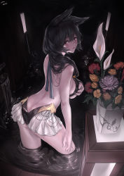 Rule 34 | 1girl, absurdres, animal ears, ass, bare shoulders, bikini, black hair, blush, breasts, butt crack, covering privates, covering breasts, erune, granblue fantasy, hair between eyes, highres, long hair, looking at viewer, nier (granblue fantasy), nier (lover by the lily lake) (granblue fantasy), nikumocchi, open mouth, red eyes, solo, swimsuit, thighs, untied bikini, wading, wet