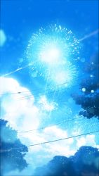 Rule 34 | blue sky, blue theme, cloud, commentary request, day, fireworks, highres, lens flare, monochrome, no humans, original, outdoors, power lines, sky, tree, y y (ysk ygc)