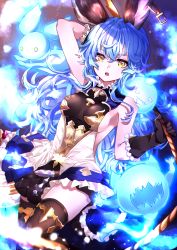 Rule 34 | 1girl, absurdres, animal, animal ears, armpit crease, armpit peek, backless dress, backless outfit, black background, blue hair, breasts, brown gloves, dress, earrings, erune, ferry (granblue fantasy), frilled skirt, frills, geegee (granblue fantasy), ghost, gloves, granblue fantasy, hair between eyes, highres, holding, holding weapon, jewelry, long hair, looking at viewer, medium breasts, no bra, open mouth, sideboob, simple background, single earring, skirt, sleeveless, smile, solo, thighhighs, wavy hair, weapon, whip, yellow eyes, yoake