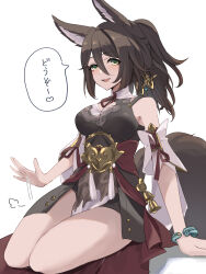 Rule 34 | 1girl, absurdres, animal ears, bare shoulders, black dress, bracelet, breasts, brown hair, dress, fox ears, fox girl, fox tail, green eyes, hair ornament, heart, highres, honkai: star rail, honkai (series), jewelry, lap pillow invitation, large breasts, long hair, looking at viewer, open mouth, ponytail, seiza, simple background, sitting, solo, speech bubble, tail, thighs, tingyun (honkai: star rail), ura (hamburg oniku), white background
