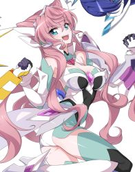 Rule 34 | 1girl, blue eyes, boots, breasts, cleavage, commentary request, elbow gloves, gloves, headgear, high heel boots, high heels, highres, holding hands, kurihara kenshirou, large breasts, leotard, long hair, looking at viewer, magical girl, maria cadenzavna eve, open mouth, pink hair, senki zesshou symphogear, smile, solo focus, thigh boots, thighhighs, very long hair, white background, white footwear, white gloves, white leotard