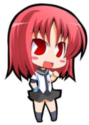 Rule 34 | 00s, 1girl, black skirt, blush, blush stickers, chibi, female focus, full body, hand up, kampfer, looking at viewer, lowres, miniskirt, mishima akane, open mouth, pac-man eyes, parted bangs, pink hair, red eyes, red hair, sailor collar, school uniform, shirt, short hair, short sleeves, simple background, skirt, smile, solo, standing, suntail, white background, white shirt