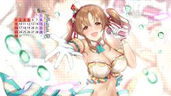 Rule 34 | 1girl, :d, bare shoulders, breasts, brown eyes, brown hair, calendar (medium), cleavage, detached collar, detached sleeves, gloves, heart, heart necklace, highres, holding, holding microphone, idolmaster, idolmaster cinderella girls, idolmaster cinderella girls starlight stage, large breasts, microphone, mk (mod0), navel, necklace, open mouth, outstretched arm, smile, sweat, totoki airi, twintails, white gloves, wing collar, wrist cuffs