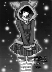Rule 34 | 1girl, animal hood, bags under eyes, black lagoon, blush, check translation, cross, cross necklace, flat chest, frederica sawyer, greyscale, half-closed eyes, highres, hood, jewelry, looking at viewer, monochrome, motchie, necklace, plaid, plaid skirt, pleated skirt, scan, scar, short hair, sidelocks, skirt, solo, striped clothes, striped thighhighs, thighhighs, translation request, zettai ryouiki