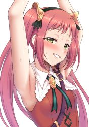 Rule 34 | 1girl, absurdres, armpit focus, armpits, arms up, ayane (princess connect!), bare shoulders, black hairband, blush, breasts, collared dress, commentary, dress, green eyes, grin, hairband, highres, long hair, looking at viewer, nose blush, presenting armpit, princess connect!, red dress, red hair, sidelocks, simple background, sleeveless, sleeveless dress, small breasts, smile, solo, steam, sweat, twintails, upper body, white background, yue (show-ei)