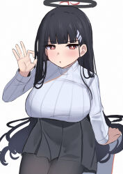 1girl absurdres black_hair black_pantyhose blue_archive blunt_bangs blush breasts hair_ornament hairclip halo highres iog626 large_breasts long_hair looking_at_viewer ok_sign open_mouth pantyhose pleated_skirt ribbed_sweater rio_(blue_archive) simple_background skirt solo sweater turtleneck turtleneck_sweater very_long_hair white_background white_sweater